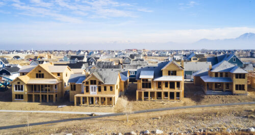 An aerial view of new homes under construction