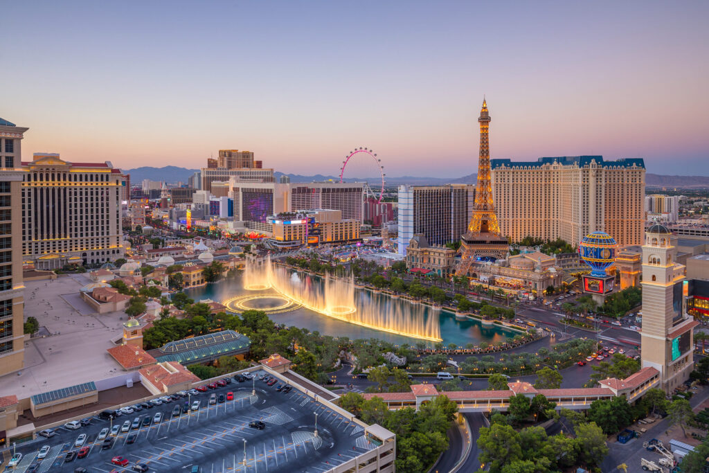 Aerial view of Las Vegas strip in Nevada as seen at night  USA