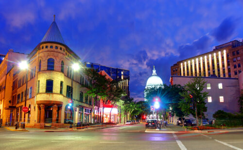 Madison Wisconsin city street at dusk