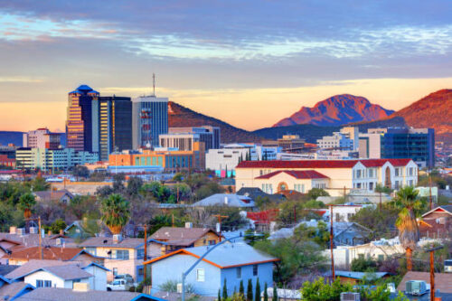 City skyline of Tuscon Arizona at sunset